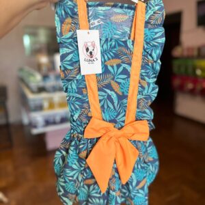 Vestido Azul Floral Com Laço Laranja - Laluna