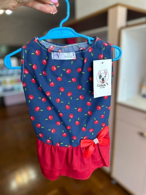 Vestido  Azul Com Vermelho Estampa De Cereja - Laluna