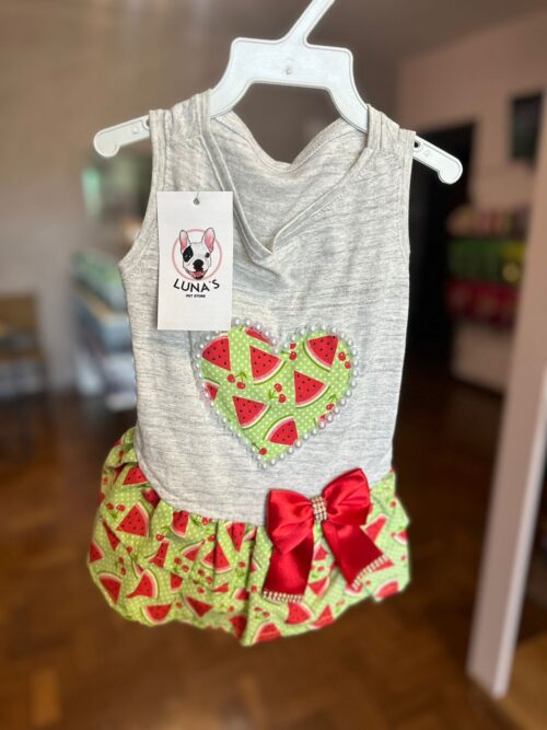 Vestido Cinza com Verde  Com Coração Estampado De Melancias - Laluna